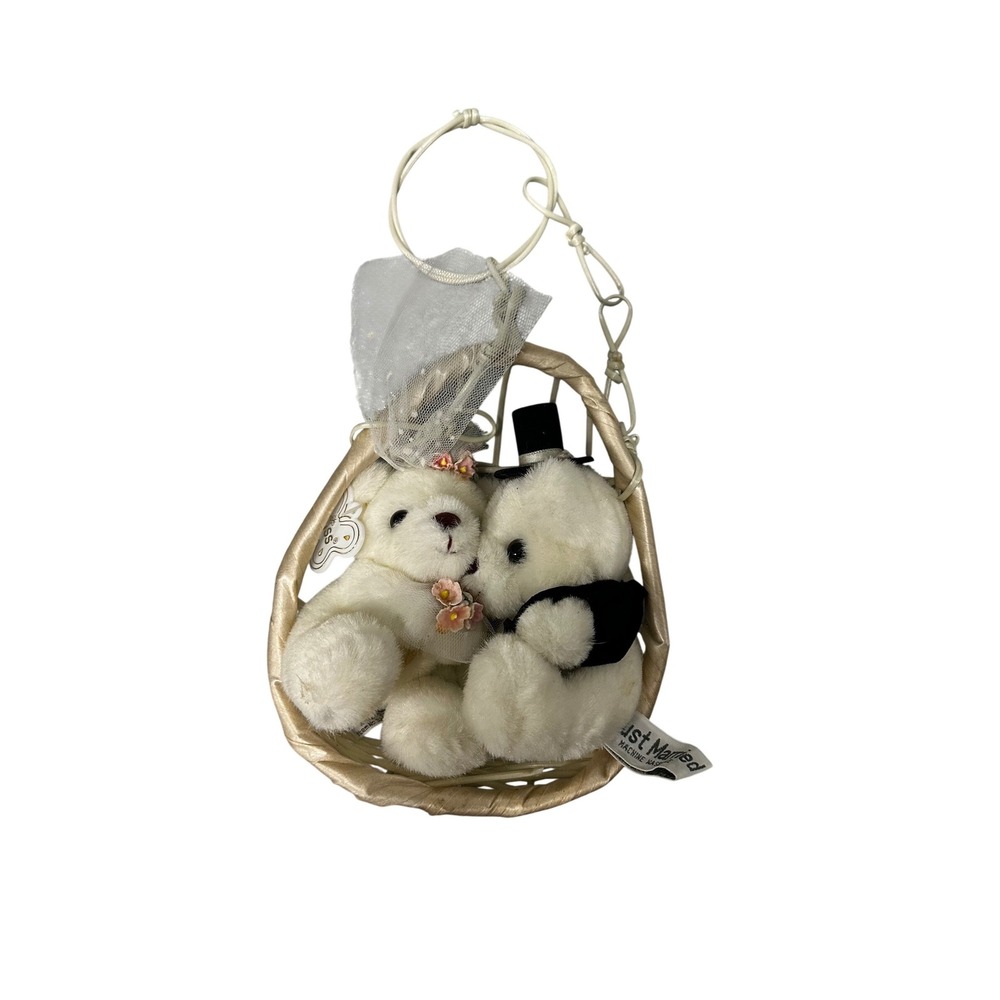 Vintage Russ Berrie Just Married Wedding Bears in Hanging Basket White Plush 6in